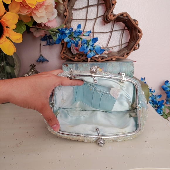 Vintage 60s Light Blue Beaded Clutch with Sequins! - Picture 6 of 8